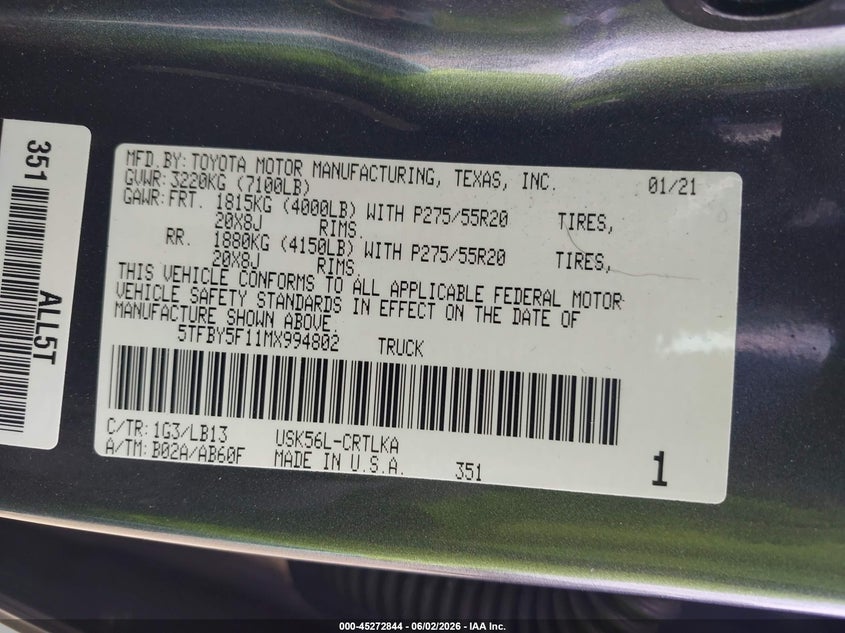 2021 Toyota Tundra VIN 5TFBY5F11MX994802 IAAI salvage auction — RIGHT SIDE, Salvage Title, sold $18,050 on 2026-07-09 (photo 9)