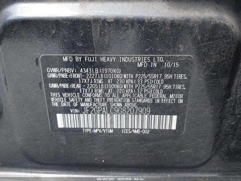 2016 Subaru Xv VIN JF2GPALC9G8207909 IAAI salvage auction — REAR END, Salvage Title, sold $925 on 2026-07-11 (photo 9)