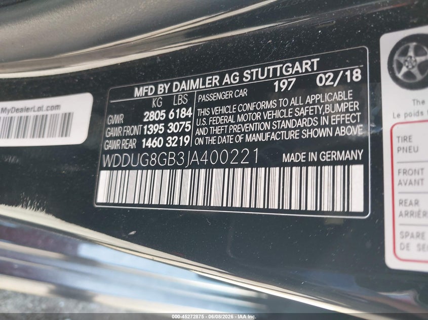 2018 Mercedes-benz S-klasse VIN WDDUG8GB3JA400221 IAAI salvage auction — REAR END, Salvage Title, sold $18,400 on 2026-07-09 (photo 9)