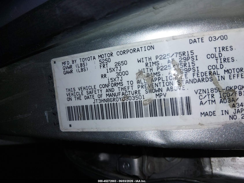 2000 Toyota 4runner VIN JT3HN86R0Y0303501 IAAI salvage auction — FRONT END, Salvage (Idaho), sold $925 on 2026-07-08 (photo 9)