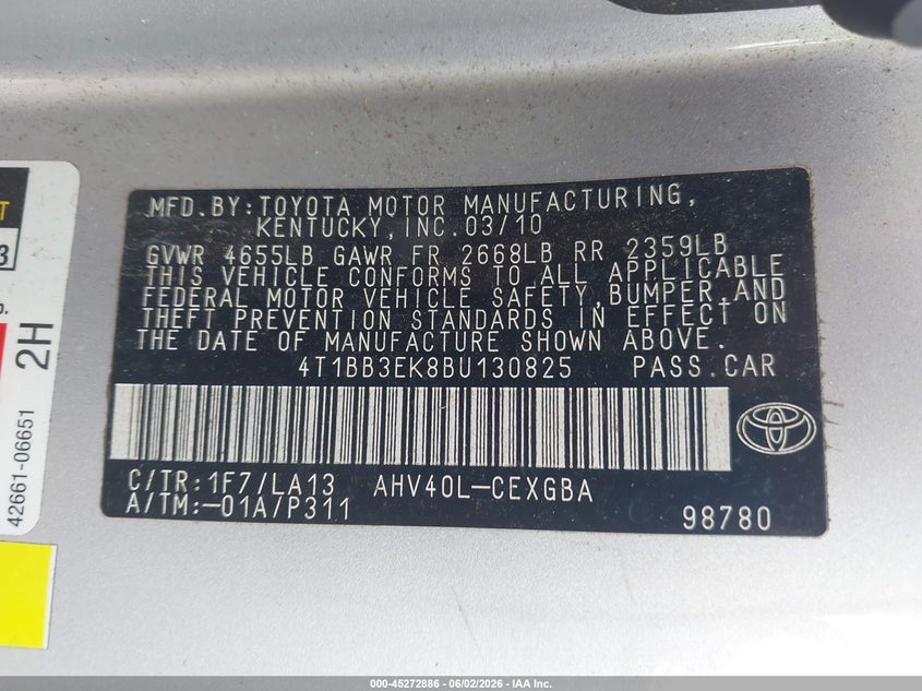2011 Toyota Camry hybrid VIN 4T1BB3EK8BU130825 IAAI salvage auction — FRONT END, Salvage (Texas), sold $1,200 on 2026-07-09 (photo 9)