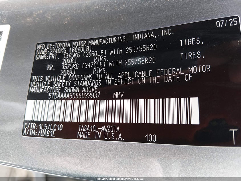 2025 Toyota Highlander VIN 5TDAAAA50SS033937 IAAI salvage auction — FRONT END, Salvage Title, sold $16,600 on 2026-07-08 (photo 9)