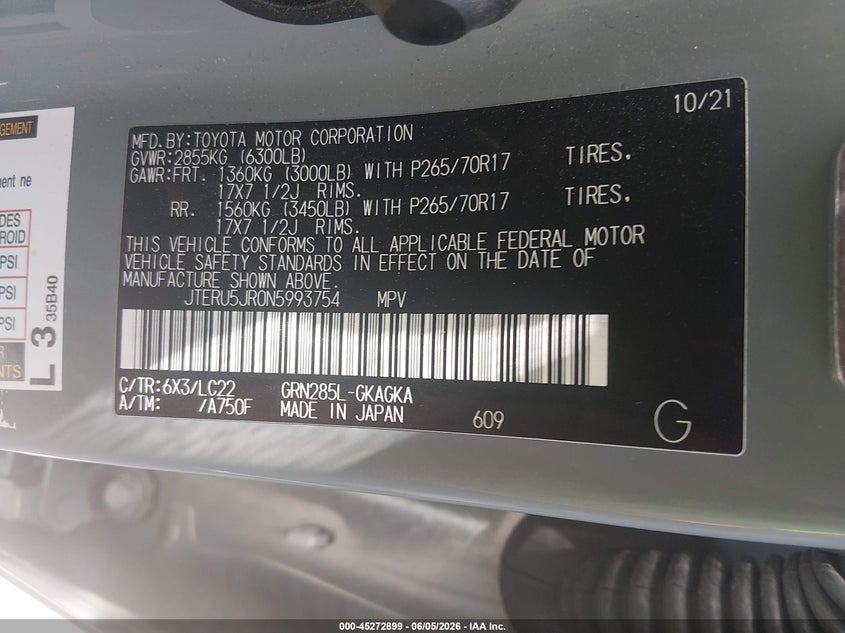2022 Toyota 4runner VIN JTERU5JR0N5993754 IAAI salvage auction — REAR END, Salvage Title, sold $23,950 on 2026-07-06 (photo 9)