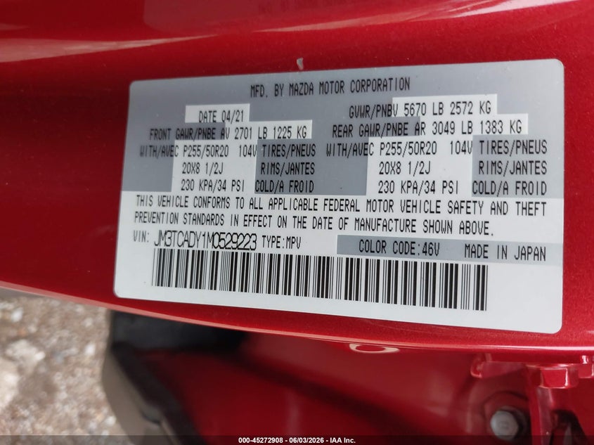 2021 Mazda Cx-9 VIN JM3TCADY1M0529223 IAAI salvage auction — FRONT END, Salvage Title, sold $1,350 on 2026-08-20 (photo 9)