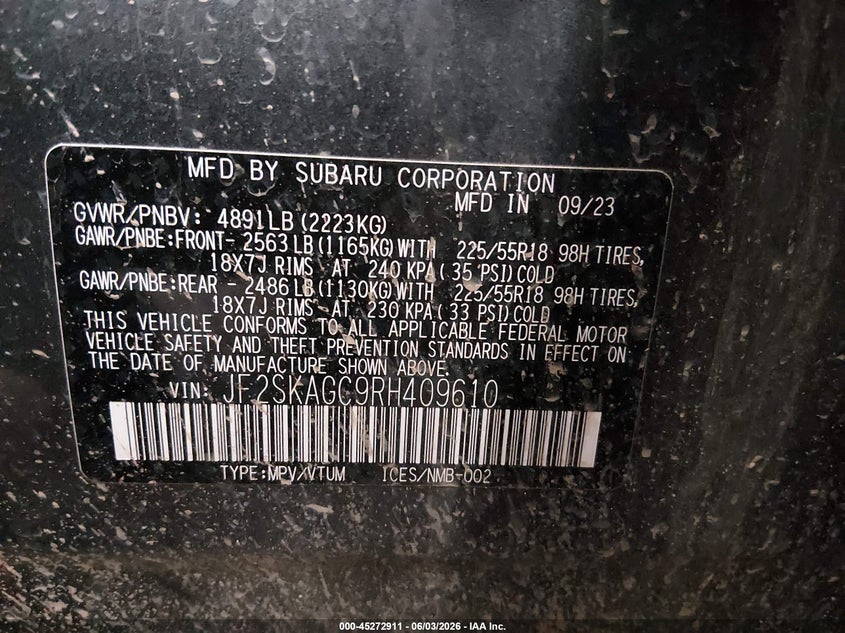 2024 Subaru Forester VIN JF2SKAGC9RH409610 IAAI salvage auction — RIGHT FRONT, Salvage Title, sold $8,250 on 2026-07-14 (photo 9)