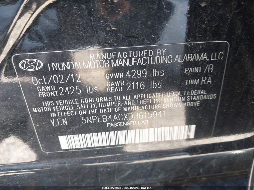 2013 Hyundai Sonata VIN 5NPEB4ACXDH615941 IAAI salvage auction — RIGHT FRONT, Salvage Title, sold $275 on 2026-07-06 (photo 9)