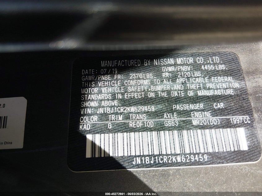 2019 Nissan Rogue VIN JN1BJ1CR2KW629459 IAAI salvage auction — FRONT END, Salvage (New Jersey), sold $1,400 on 2026-07-27 (photo 9)
