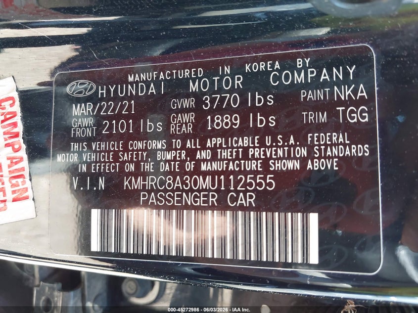 2021 Hyundai Venue VIN KMHRC8A30MU112555 IAAI salvage auction — FRONT END, Salvage Title, sold $1,250 on 2026-07-17 (photo 9)