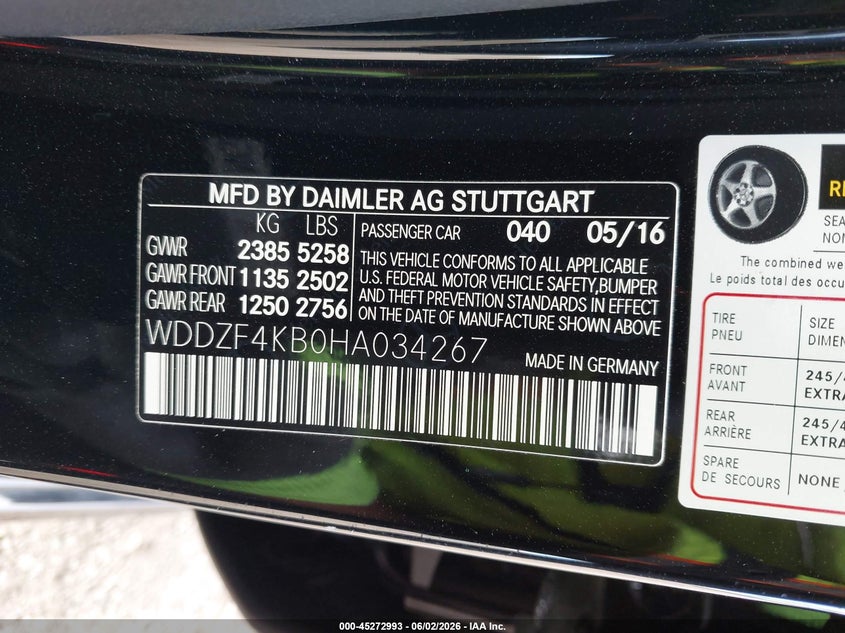 2017 Mercedes-benz E-klasse VIN WDDZF4KB0HA034267 IAAI salvage auction — FRONT END, Salvage Title, sold $3,875 on 2026-07-07 (photo 9)