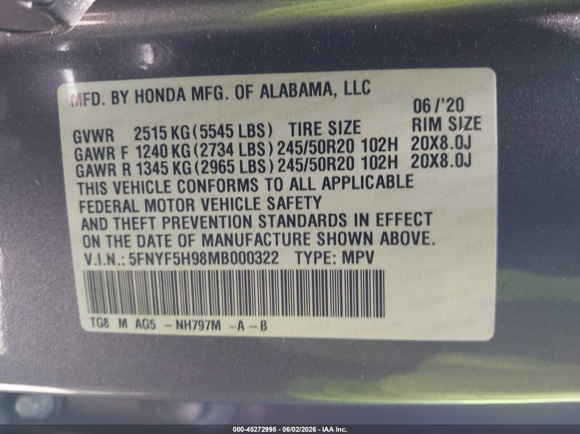 2021 Honda Pilot VIN 5FNYF5H98MB000322 IAAI salvage auction — FRONT END, Salvage Title, sold $6,700 on 2026-07-09 (photo 9)