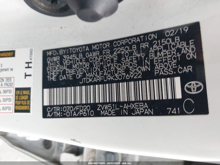 2019 Toyota Prius VIN JTDKARFU9K3076922 IAAI salvage auction — FRONT END, Salvage Title, sold $5,125 on 2026-07-22 (photo 9)