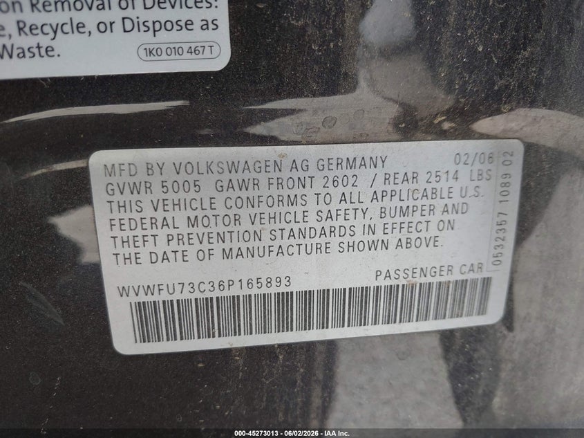 2006 Volkswagen Passat VIN WVWFU73C36P165893 IAAI salvage auction — NORMAL WEAR, Salvage (California), sold $350 on 2026-08-13 (photo 9)