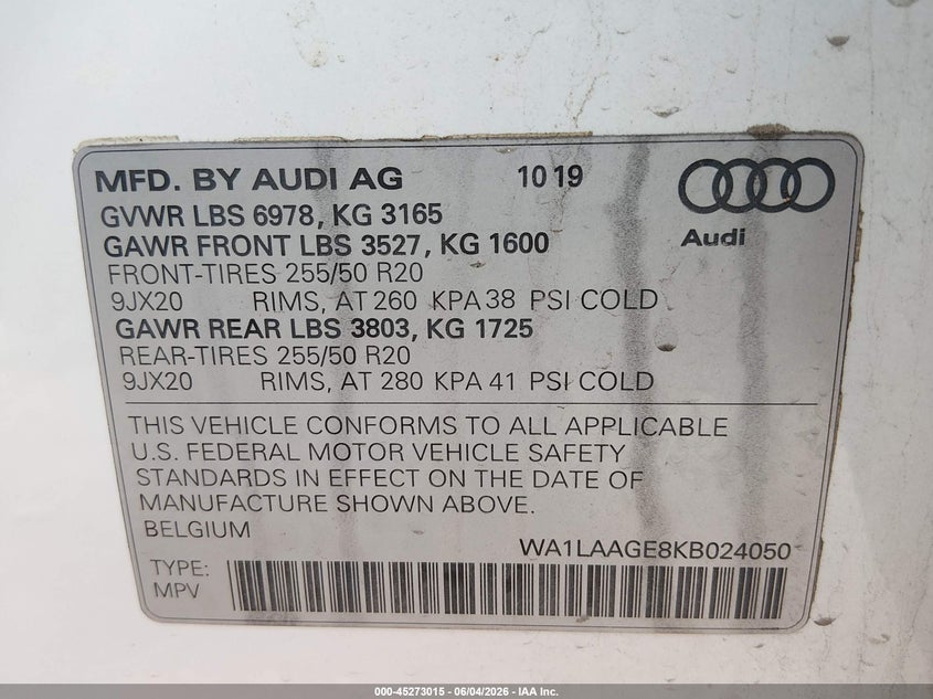 2019 Audi E-tron VIN WA1LAAGE8KB024050 IAAI salvage auction — FRONT END, Salvage Title, sold $10,200 on 2026-08-27 (photo 9)