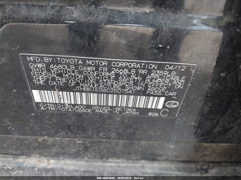 2012 Lexus Es 350 VIN JTHBK1EG6C2507541 IAAI salvage auction — ALL OVER, Clear (Florida), sold $825 on 2026-07-22 (photo 9)