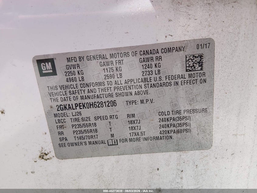 2017 Gmc Terrain VIN 2GKALPEK0H6281206 IAAI salvage auction — FRONT END, Salvage Title, sold $925 on 2026-09-02 (photo 9)