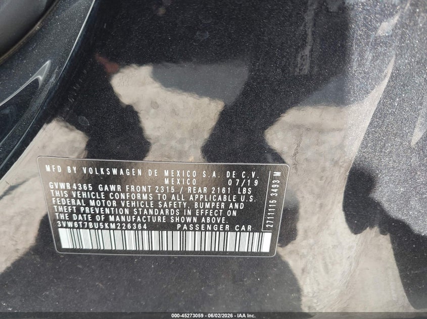 2019 Volkswagen Jetta VIN 3VW6T7BU5KM226364 IAAI salvage auction — HAIL, Original (Texas), sold $7,250 on 2026-07-28 (photo 9)