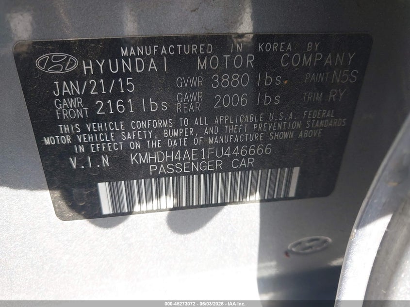 2015 Hyundai Elantra VIN KMHDH4AE1FU446666 IAAI salvage auction — SIDE, Salvage Title, sold $25 on 2026-07-29 (photo 9)