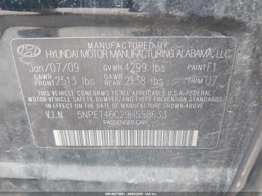 2009 Hyundai Sonata VIN 5NPET46C29H558633 IAAI salvage auction — NORMAL WEAR, Clear (New Jersey), sold $500 on 2026-07-15 (photo 9)