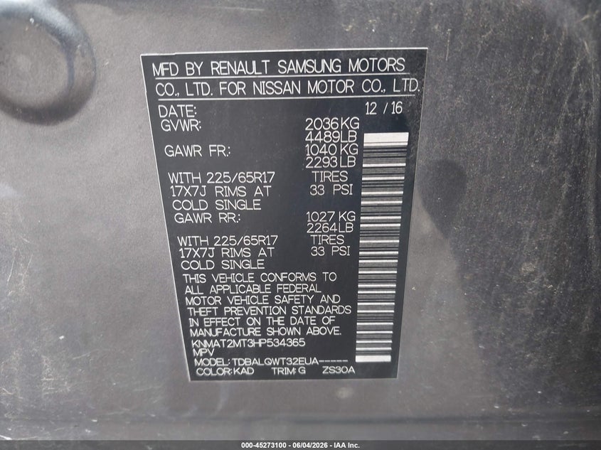 2017 Nissan Rogue VIN KNMAT2MT3HP534365 IAAI salvage auction — FRONT END, Salvage Title, sold $475 on 2026-07-29 (photo 9)