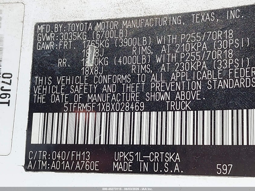 2011 Toyota Tundra VIN 5TFRM5F1XBX028469 IAAI salvage auction — FRONT END, Salvage (Texas), sold $1,500 on 2026-07-07 (photo 5)
