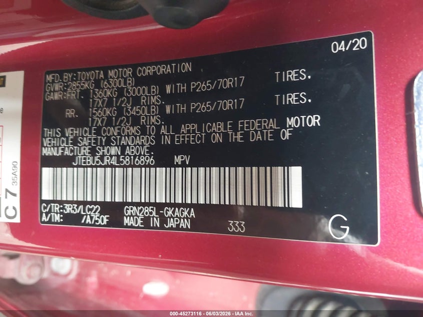 2020 Toyota 4runner VIN JTEBU5JR4L5816896 IAAI salvage auction — LEFT FRONT, Salvage Title, sold $10,900 on 2026-07-20 (photo 9)