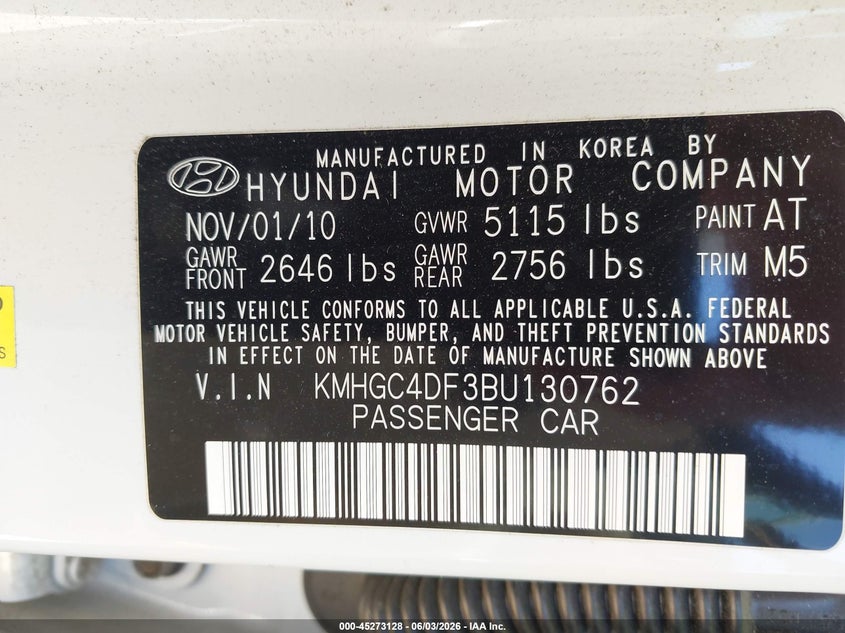 2011 Hyundai Genesis VIN KMHGC4DF3BU130762 IAAI salvage auction — FRONT END, Clear (Tennessee), sold $1,100 on 2026-07-08 (photo 9)