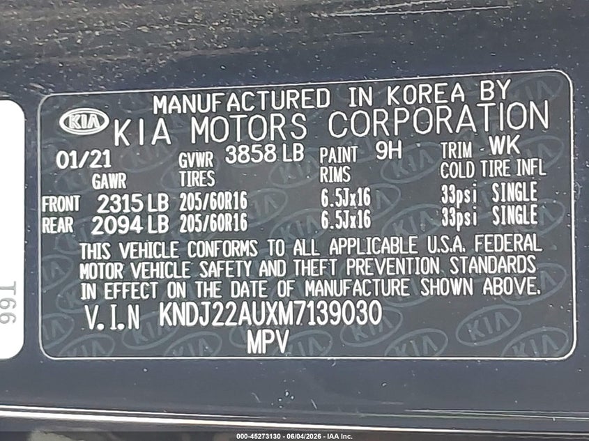 2021 Kia Soul VIN KNDJ22AUXM7139030 IAAI salvage auction — REAR END, Original (Texas), sold $3,500 on 2026-07-13 (photo 9)