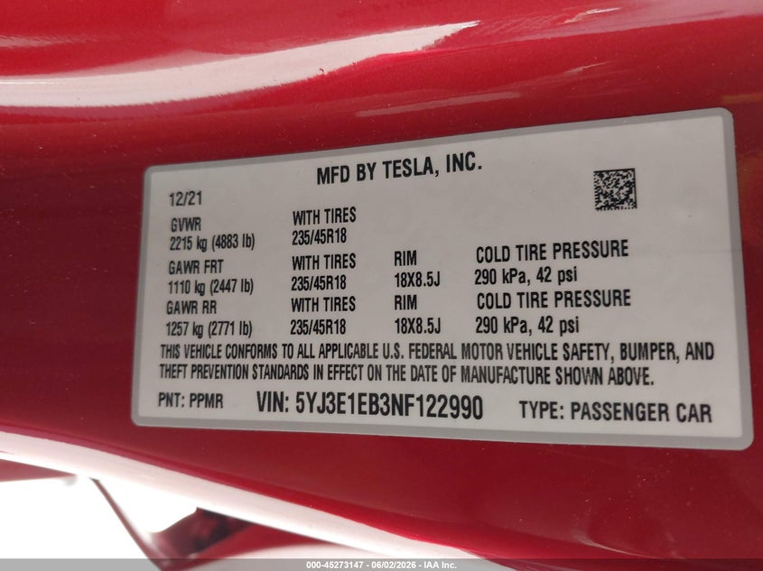 2022 Tesla Model 3 VIN 5YJ3E1EB3NF122990 IAAI salvage auction — FRONT & REAR, Salvage Title, sold $7,200 on 2026-07-09 (photo 9)