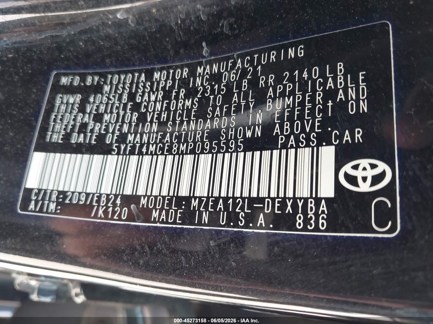 2021 Toyota Corolla VIN 5YFT4MCE8MP095595 IAAI salvage auction — LEFT FRONT, Salvage (Kentucky), sold $5,300 on 2026-07-29 (photo 9)