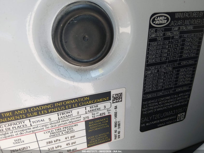 2021 Land rover Range rover velar VIN SALYT2EU0MA310577 IAAI salvage auction — Burn Engine, Salvage Title, sold $675 on 2026-07-21 (photo 9)