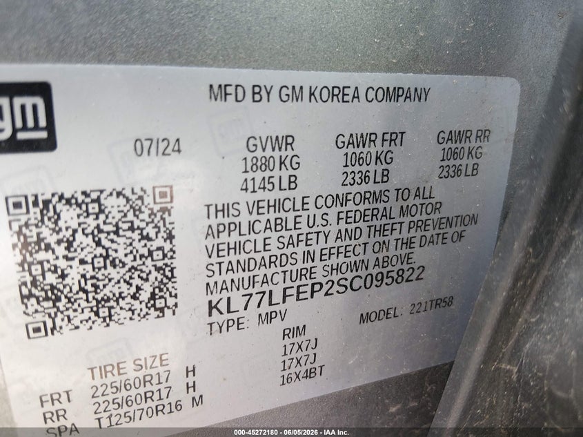 2025 Chevrolet Trax VIN KL77LFEP2SC095822 IAAI salvage auction — HAIL, Salvage (Ohio), sold $7,650 on 2026-07-14 (photo 9)