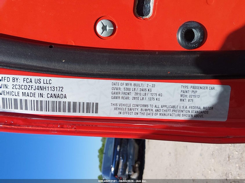 2022 Dodge Challenger VIN 2C3CDZFJ4NH113172 IAAI salvage auction — RIGHT FRONT, Salvage Title, sold $8,100 on 2026-07-28 (photo 9)