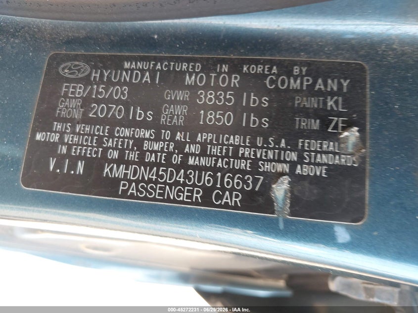 2003 Hyundai Elantra VIN KMHDN45D43U616637 IAAI salvage auction — NORMAL WEAR, Clear (New York), sold $425 on 2026-07-07 (photo 9)