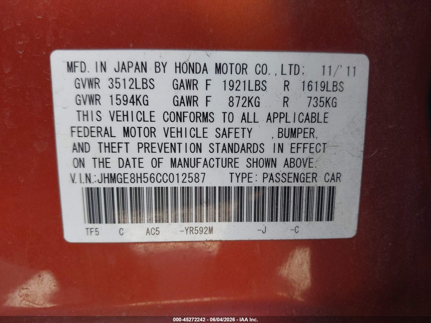 2012 Honda Fit VIN JHMGE8H56CC012587 IAAI salvage auction — REAR END, Salvage Title, sold $2,300 on 2026-07-07 (photo 9)