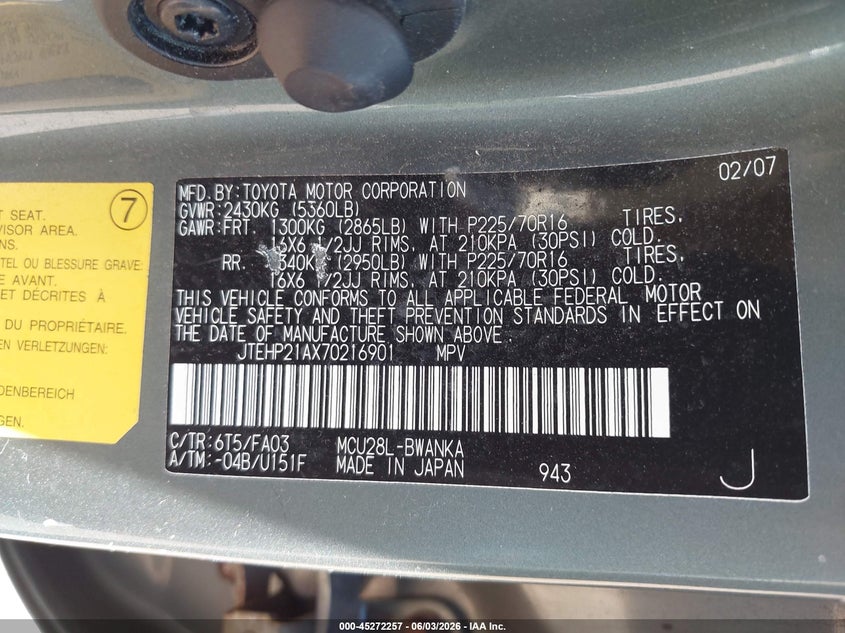 2007 Toyota Highlander VIN JTEHP21AX70216901 IAAI salvage auction — FRONT END, Salvage (Idaho), sold $475 on 2026-07-15 (photo 9)