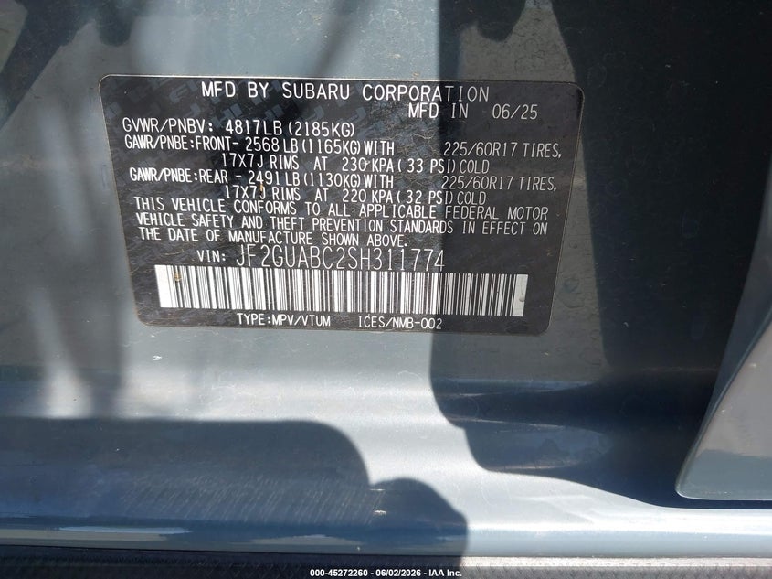 2025 Subaru Xv VIN JF2GUABC2SH311774 IAAI salvage auction — FRONT END, Salvage Title, sold $3,450 on 2026-07-14 (photo 9)