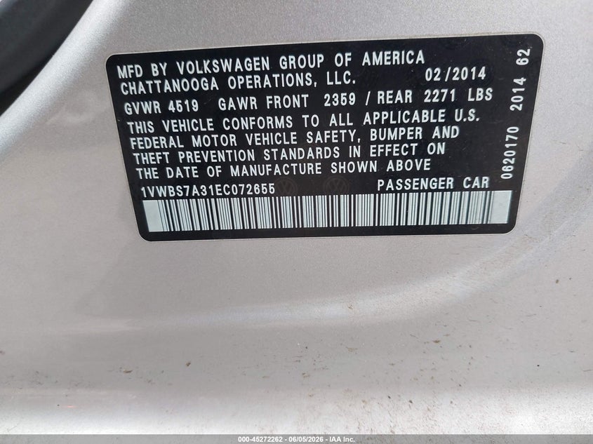 2014 Volkswagen Passat VIN 1VWBS7A31EC072655 IAAI salvage auction — SIDE, Clear (Oklahoma), sold $2,050 on 2026-07-05 (photo 9)