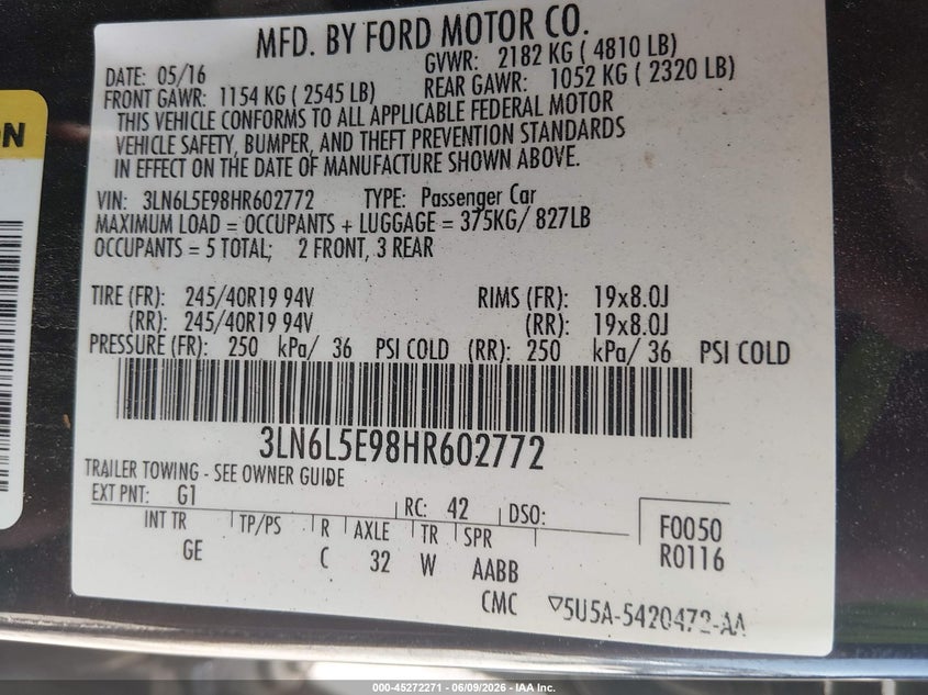 2017 Lincoln Mkz VIN 3LN6L5E98HR602772 IAAI salvage auction — HAIL, Salvage Title, sold $25 on 2026-09-05 (photo 9)