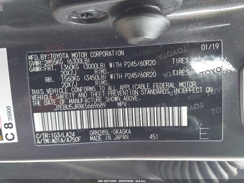 2019 Toyota 4runner VIN JTEBU5JRXK5669689 IAAI salvage auction — FRONT & REAR, Original (Texas), sold $9,400 on 2026-07-10 (photo 9)