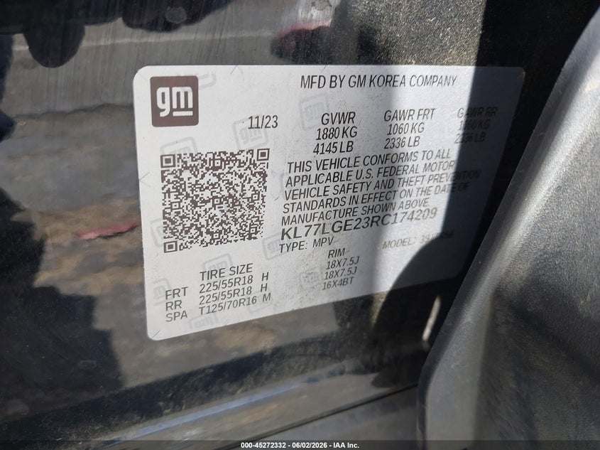 2024 Chevrolet Trax VIN KL77LGE23RC174209 IAAI salvage auction — RIGHT FRONT, Salvage Title, sold $2,050 on 2026-07-22 (photo 9)