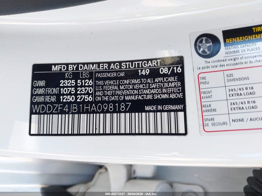 2017 Mercedes-benz E-klasse VIN WDDZF4JB1HA098187 IAAI salvage auction — REAR END, Salvage Title, sold $5,225 on 2026-08-05 (photo 9)