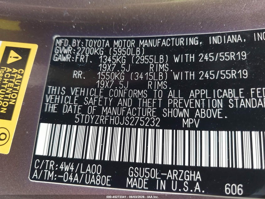 2018 Toyota Highlander VIN 5TDYZRFH0JS275232 IAAI salvage auction — FRONT END, Salvage Title, sold $8,250 on 2026-07-20 (photo 9)