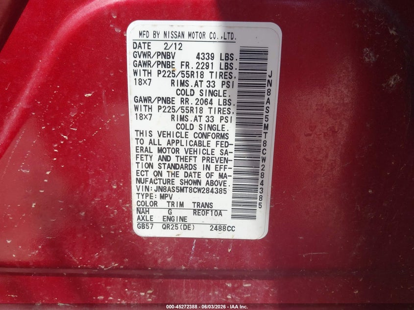2012 Nissan Rogue VIN JN8AS5MT8CW284385 IAAI salvage auction — ENGINE BURN, Salvage Title, sold $50 on 2026-07-16 (photo 9)