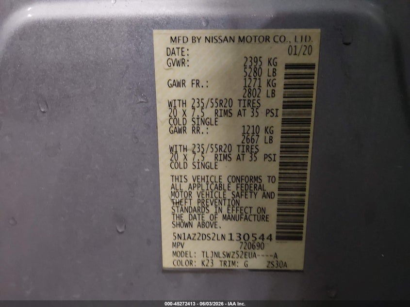 2020 Nissan Murano VIN 5N1AZ2DS2LN130544 IAAI salvage auction — REAR END, Salvage (Iowa), sold $6,000 on 2026-08-01 (photo 9)