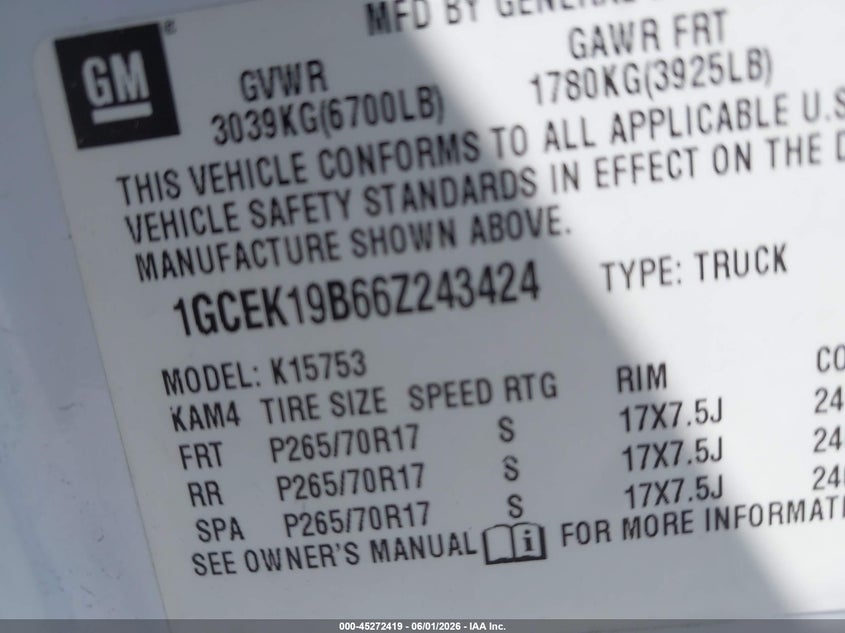 2006 Chevrolet Silverado 1500 VIN 1GCEK19B66Z243424 IAAI salvage auction — FRONT END, Salvage (California), sold $1,200 on 2026-07-10 (photo 9)