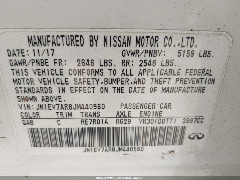 2018 Infiniti Q50 VIN JN1EV7AR8JM440560 IAAI salvage auction — LEFT REAR, Salvage (Virginia), sold $4,450 on 2026-07-13 (photo 9)