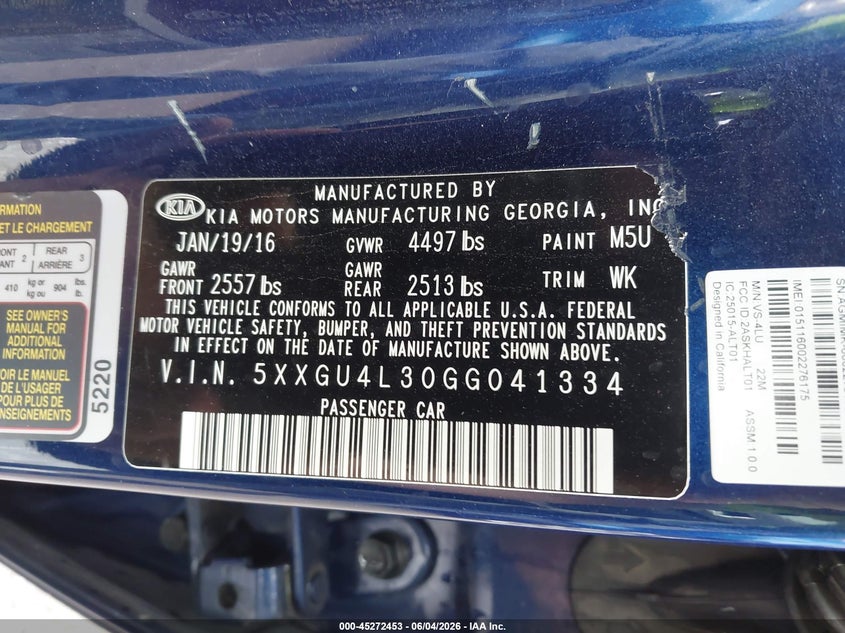2016 Kia Optima VIN 5XXGU4L30GG041334 IAAI salvage auction — FRONT & REAR, Salvage Title, sold $775 on 2026-07-16 (photo 9)