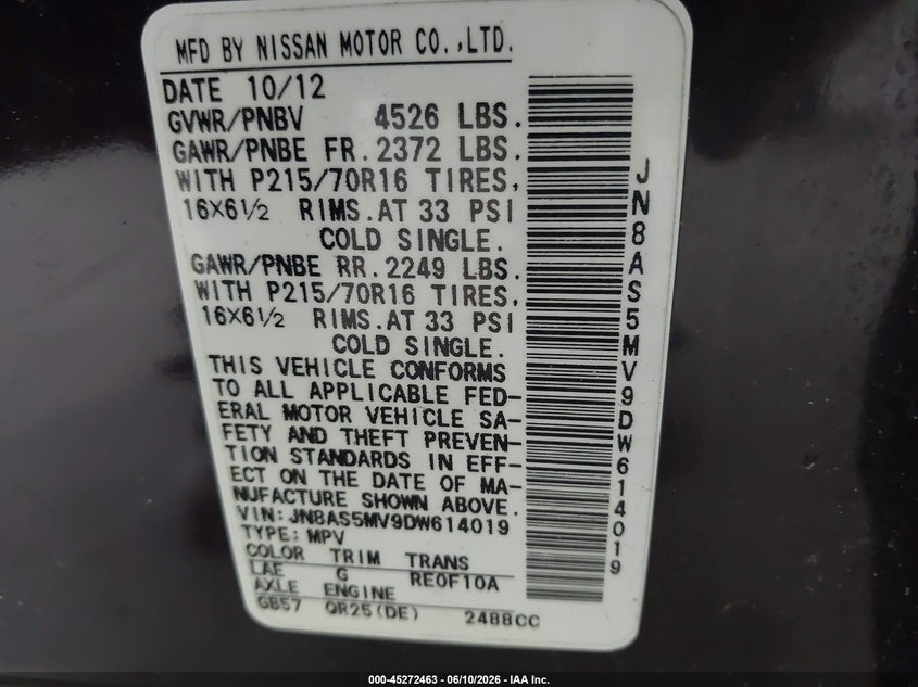 2013 Nissan Rogue VIN JN8AS5MV9DW614019 IAAI salvage auction — FRONT END, Mv-907A (New York), sold $400 on 2026-07-08 (photo 9)