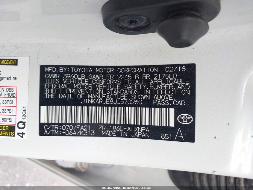2018 Toyota Corolla VIN JTNKARJE8JJ570260 IAAI salvage auction — FRONT END, Salvage Title, sold $3,450 on 2026-07-23 (photo 9)