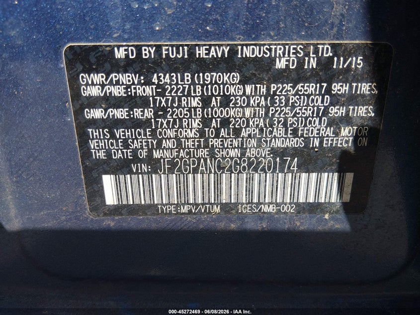 2016 Subaru Xv VIN JF2GPANC2G8220174 IAAI salvage auction — RIGHT FRONT, Salvage Title, sold $600 on 2026-07-17 (photo 9)